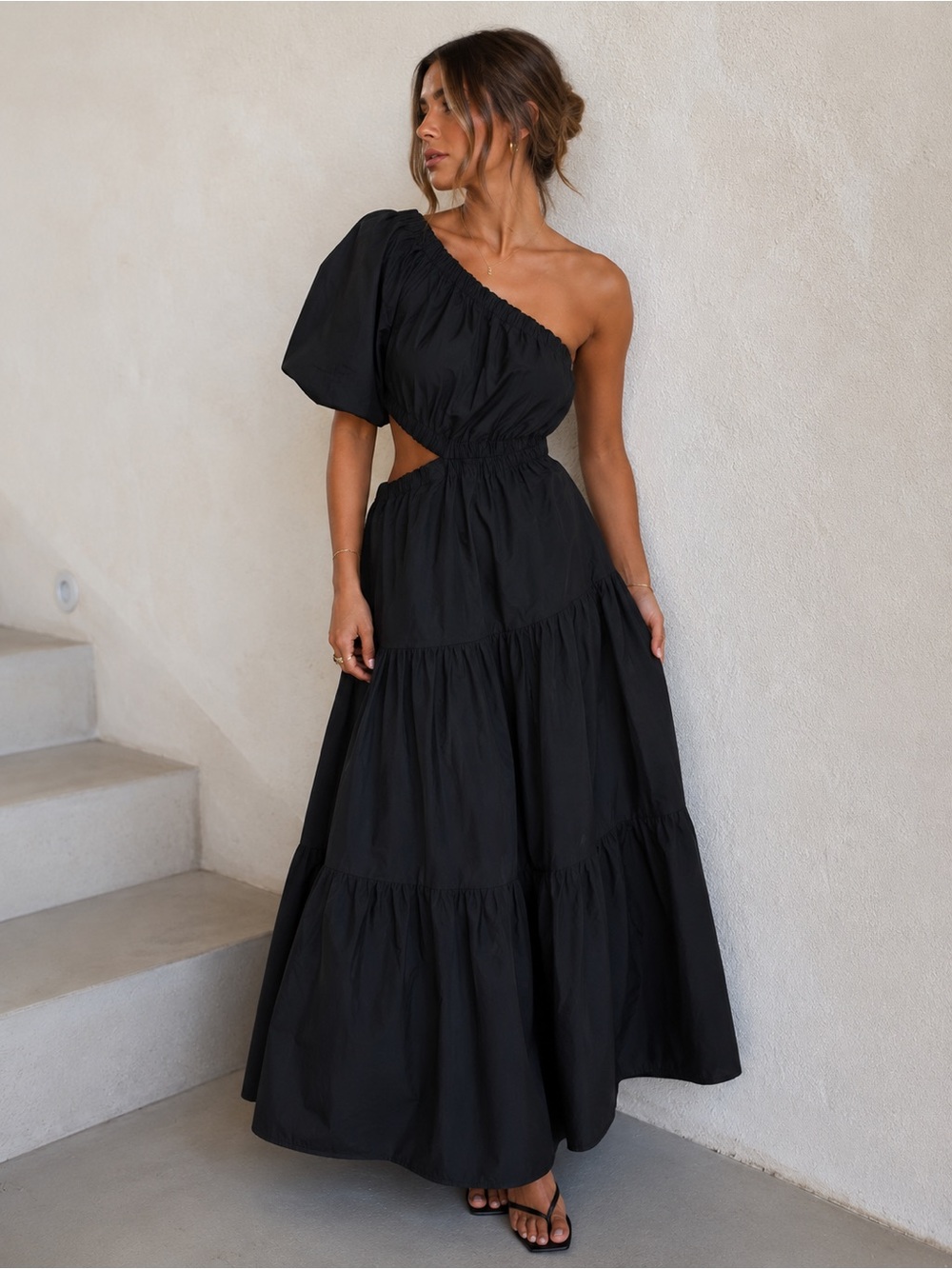 Mango one shoulder maxi dress black